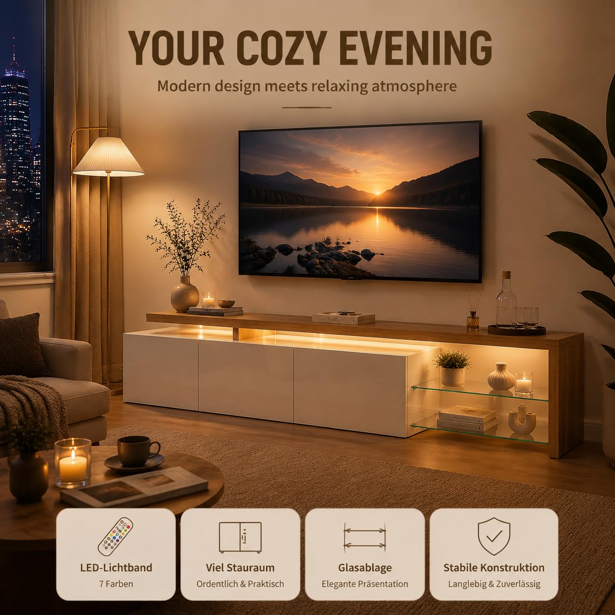 Niska szafka pod telewizor 200 cm z diodami LED, wysoki połysk, imitacja drewna, szklane półki | 3 drzwi, otwarta półka, 7 kolorów LED za pomocą pilota zdalnego sterowania, 200 x 42 x 39 cm, płyta wiórowa