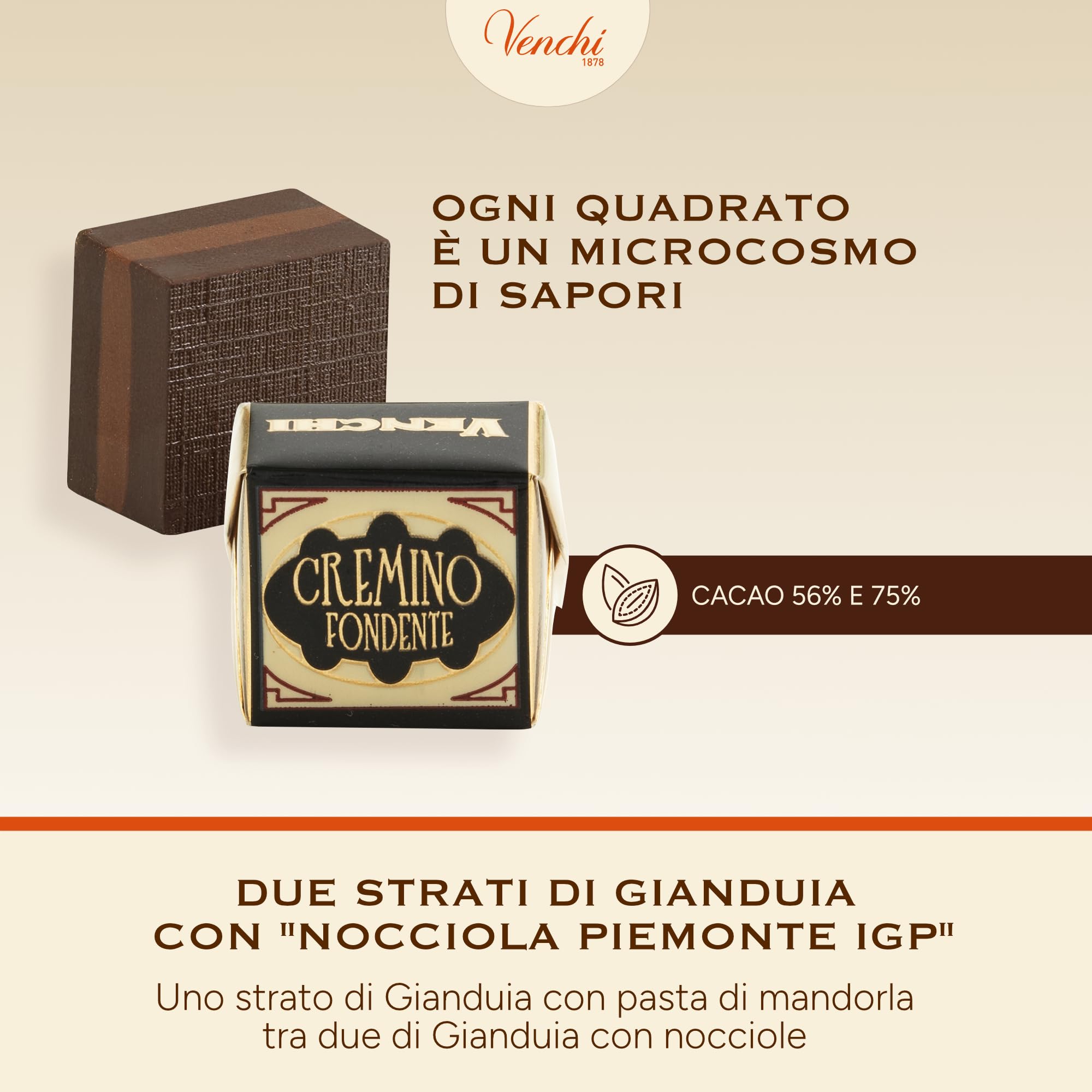 Venchi - Confezione Esposizione Cremino Extra Fondente, 2 kg - 3 Strati Cremosi - Pack da 190 Pezzi - Senza Glutine - Vegano