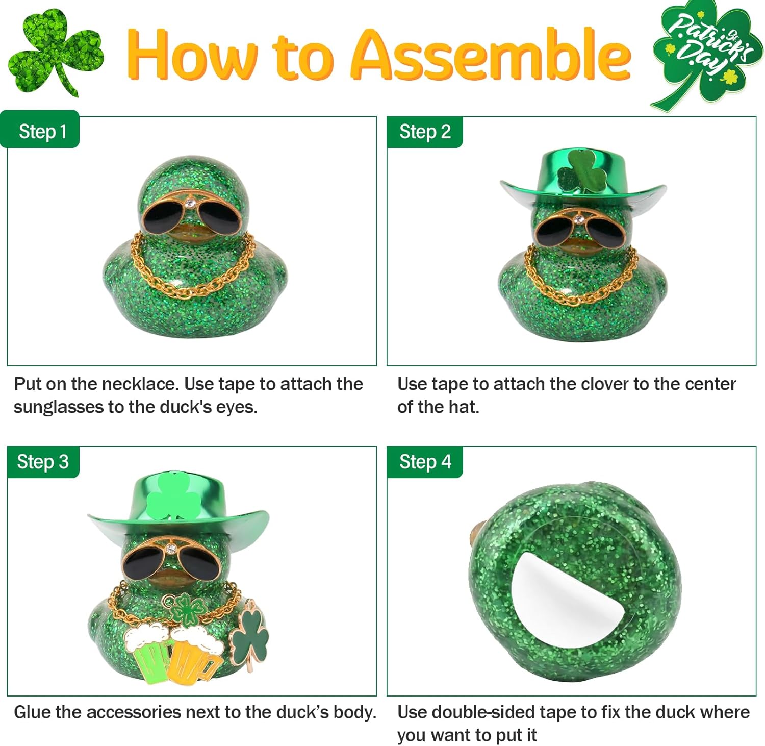 wonuu St. Patrick's Day Rubber Ducks Car Dashboard Decorations, Shamrock Glitter Ducky for Car Ornament Accessories with Shamrock, Laser Cowboy Hat, Necklace, Sunglasses, Beer Mug (Luck Shamrock)