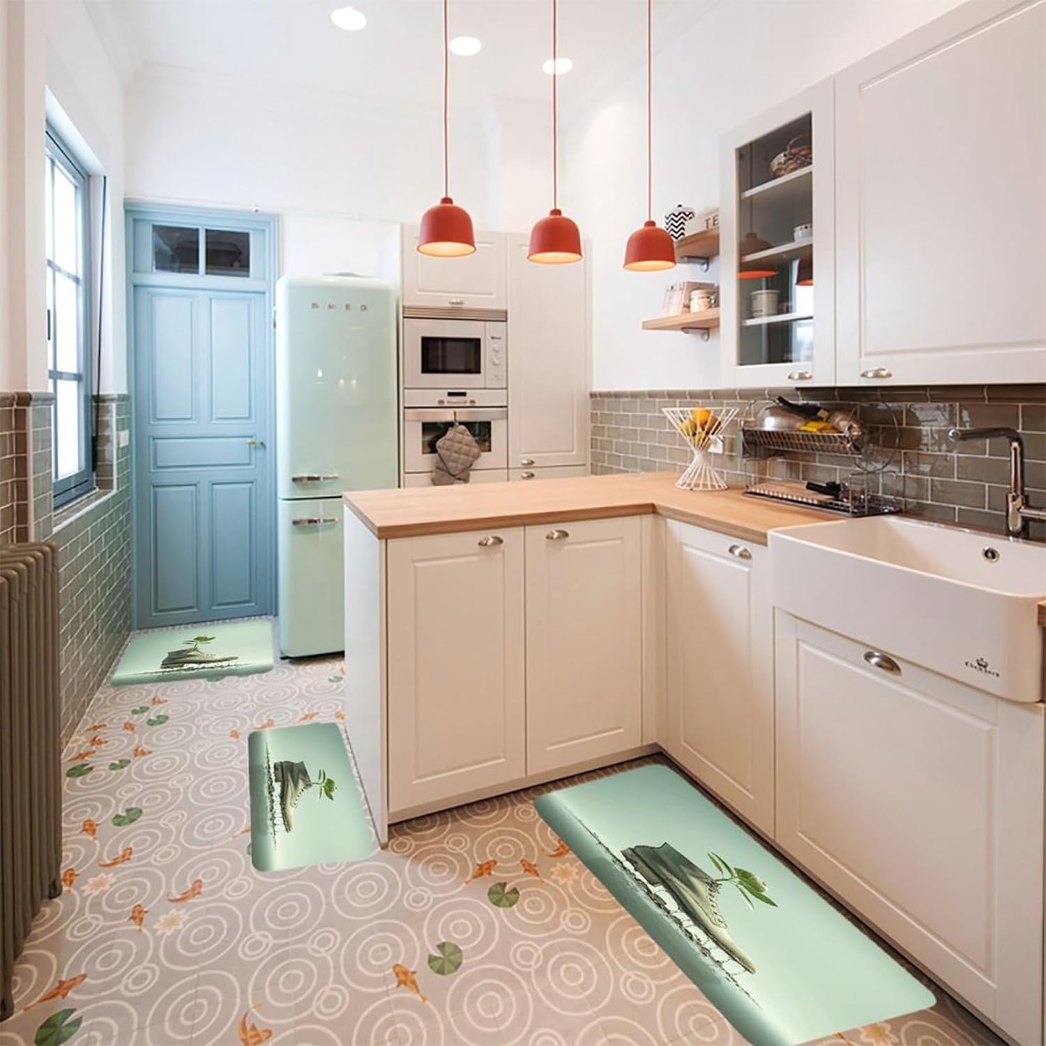 Shoes and Green Buds Kitchen Rugs Sets of 3 Washable Non Slip Kitchen Rug Water Resistant Carpet Piece Anti Fatigue Kitchen Mats Soft Comfort Standing Mat Modern Area Rug