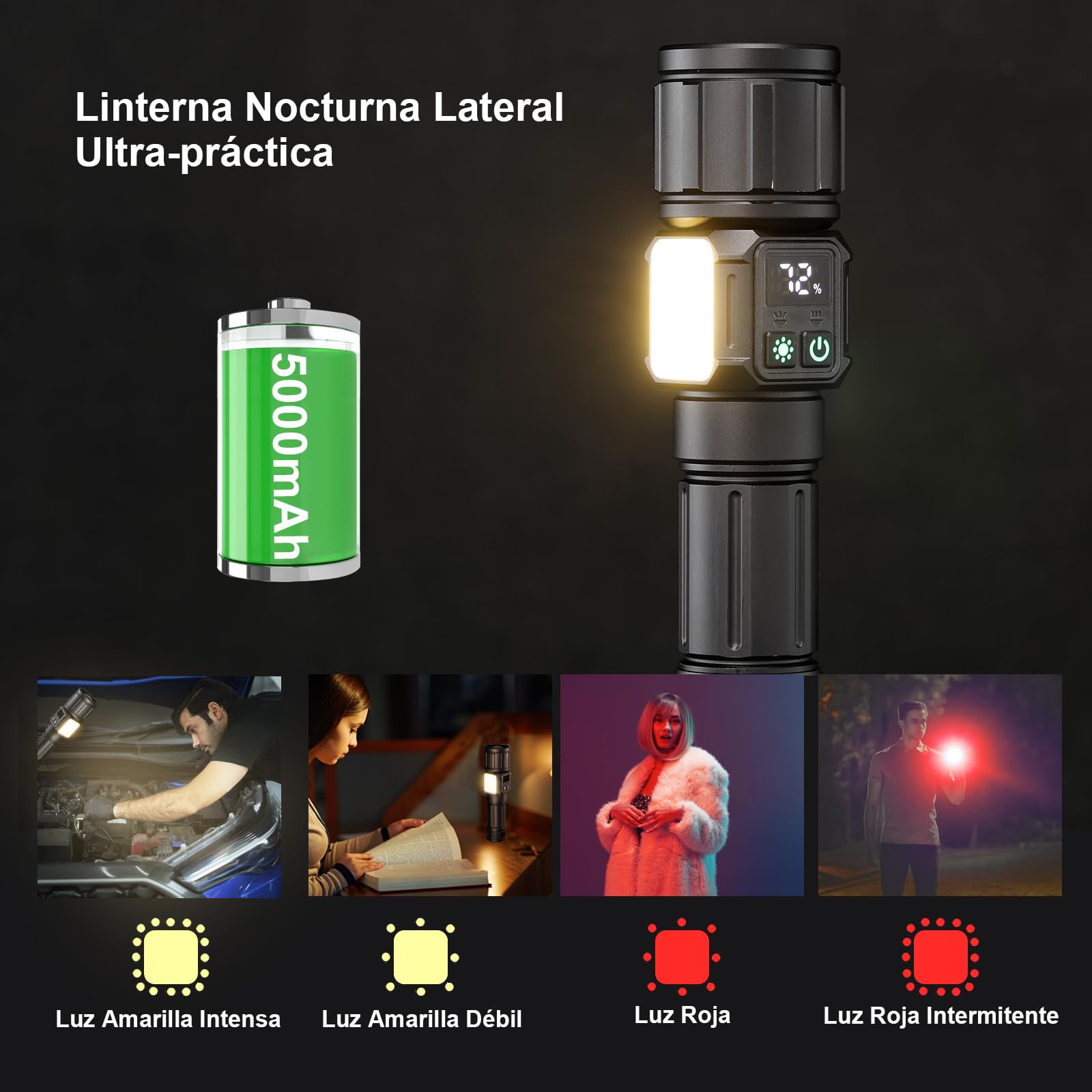 Tom-shine Súper Brillante Linterna LED con Zoom – Recargable USB-C 5000mAh, 9 Modos + Luz Lateral & Indicador de Batería, IPX4 Resistente a la Lluvia para Caza, Camping, Emergencias