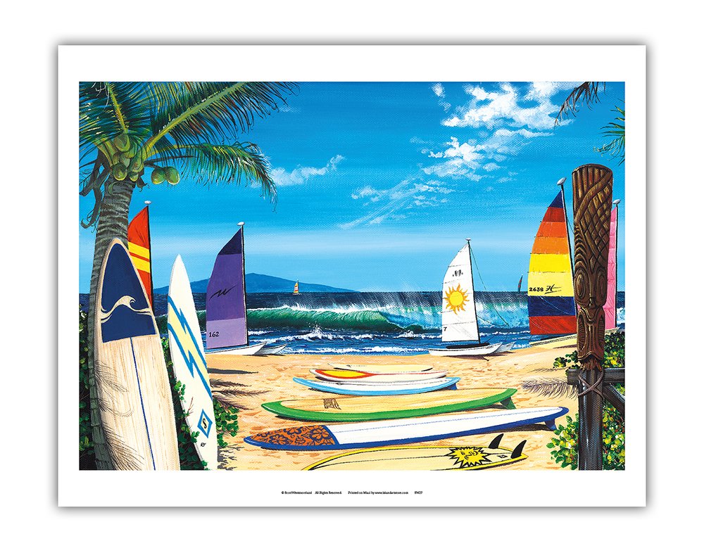 Pacifica Island Art Surf N Sail - Surfboard & Sailboards - from an Original Color Painting by Scott Westmoreland - Fine Art Print 11" x 14" APBSW27