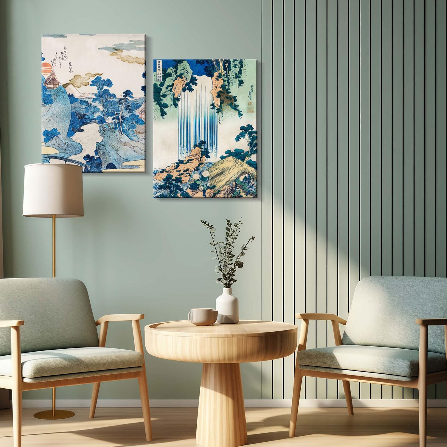 2Pcs Framed Landscape waterfall Japanese Ukiyo-e Wall Art Decor Canvas Print Picture Traditional Woodblock Print Style Poster Gallery Bedroom Living Room Office 16x24 Inch Ready to Hang