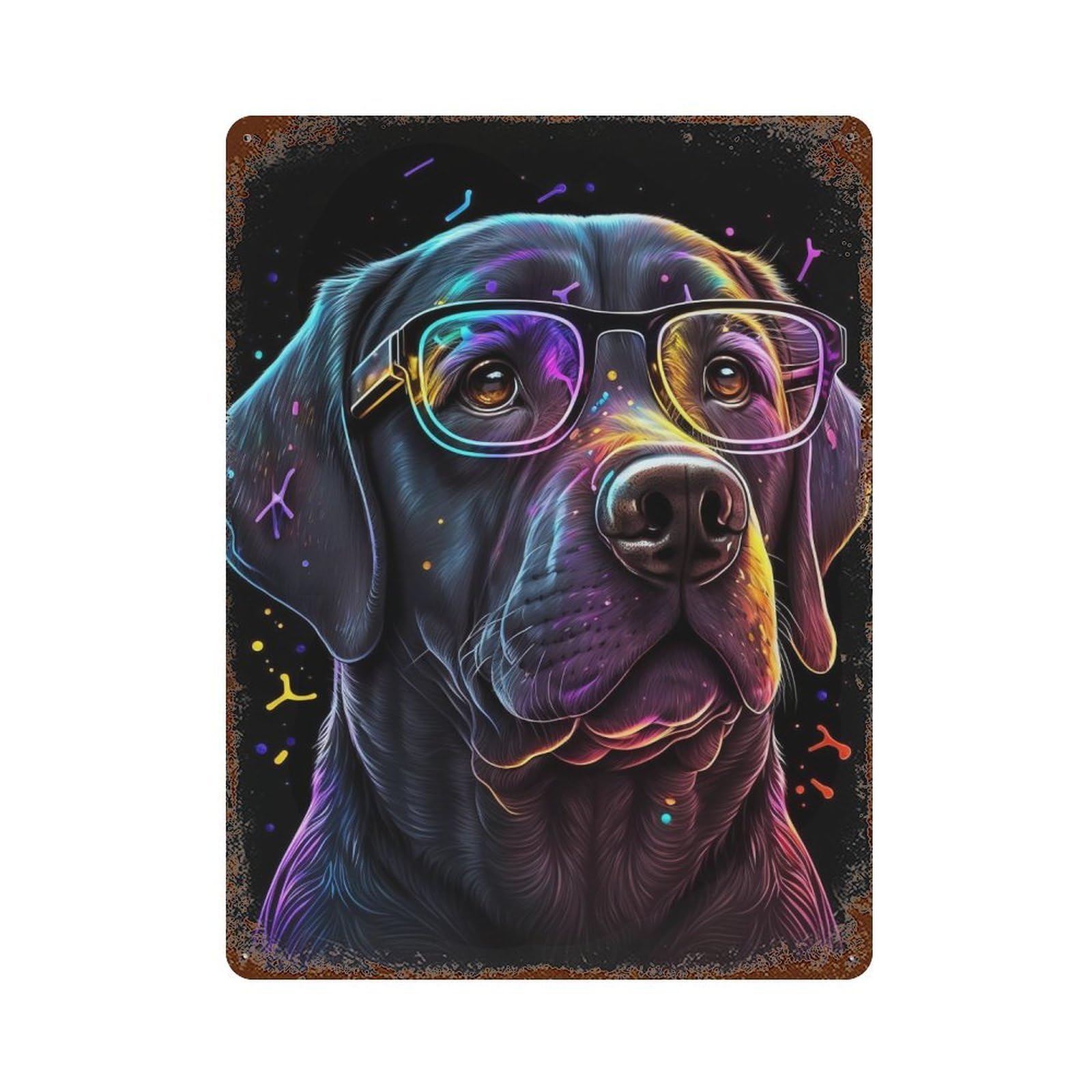 Neon Dog Glasses Art Print-2 Vintage Rust Metal Sign 15.7"x11.8", Shabby Chic Decor for Living Room, Hallway And Home Decor