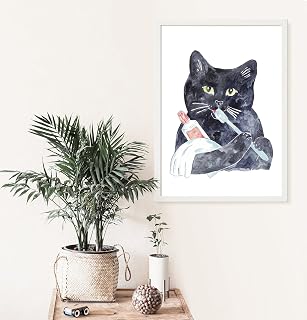 Cat brushing teeth tooth brush toothbrush washroom bathroom room bathroom washroom funny Poster Watercolor Painting Print Art Wall Nursery (11x14 inches)