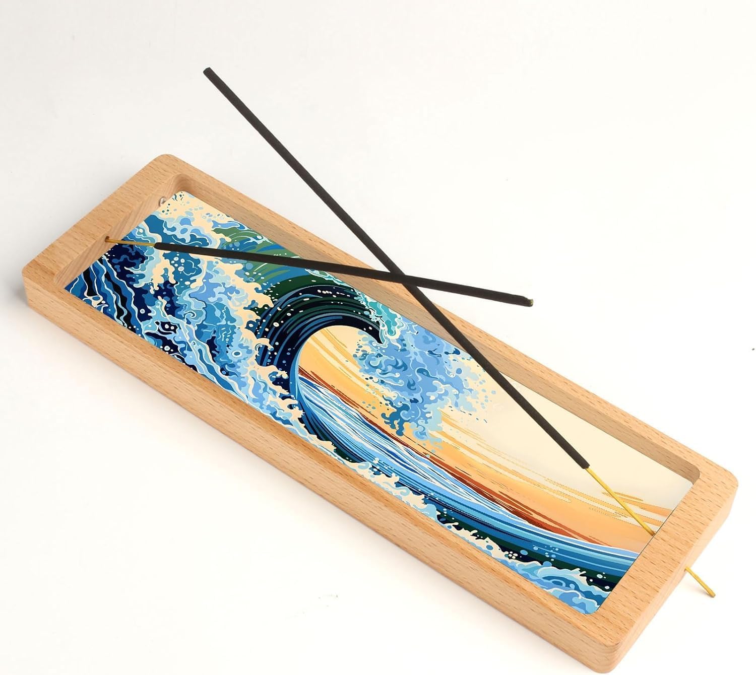 Incense Stick Holder with Wide Glass Base Ocean Landscape Wooden Incense Tray Home Decor AEFTJI