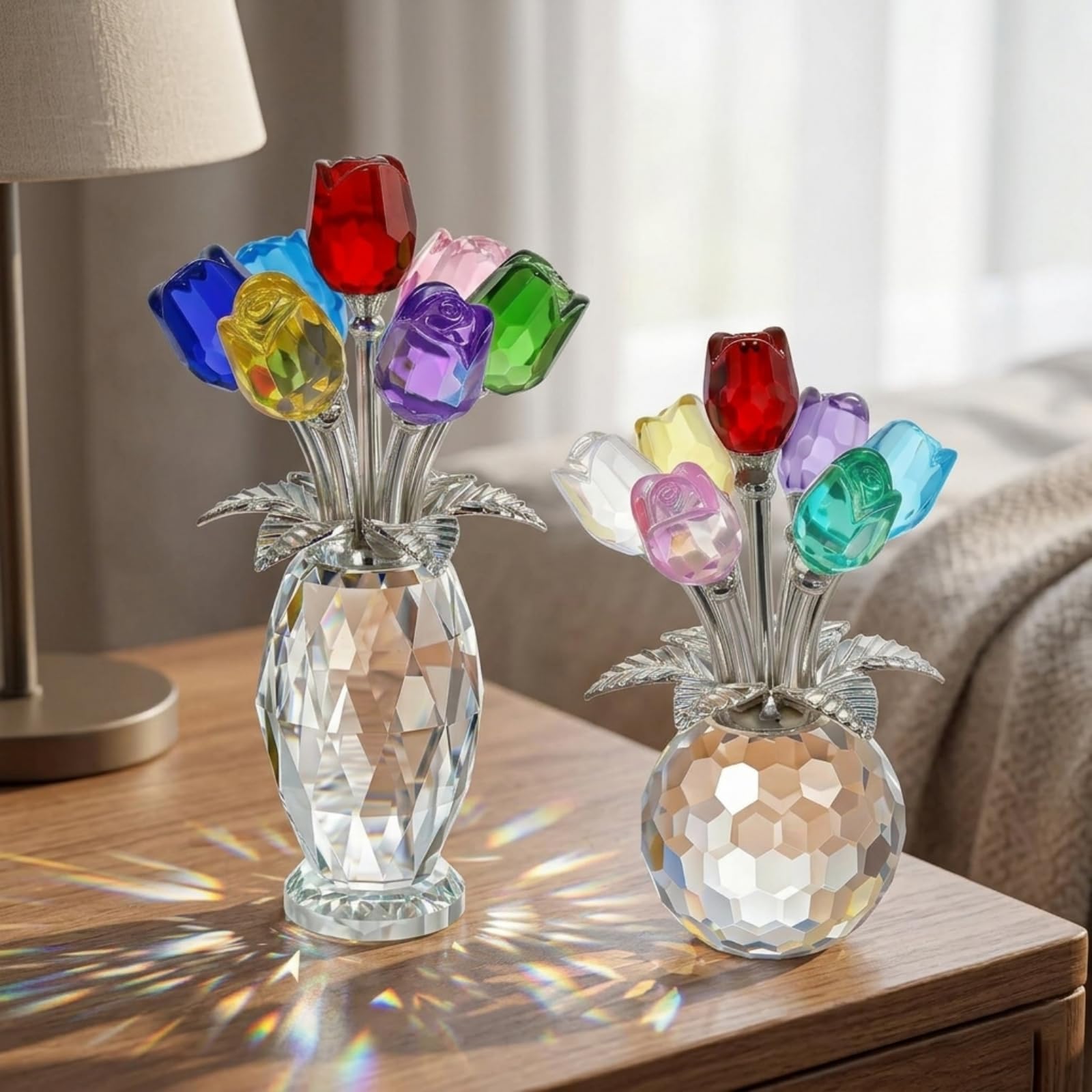 Juego de 2 figuras coloridas de rosas de cristal sólido para regalo