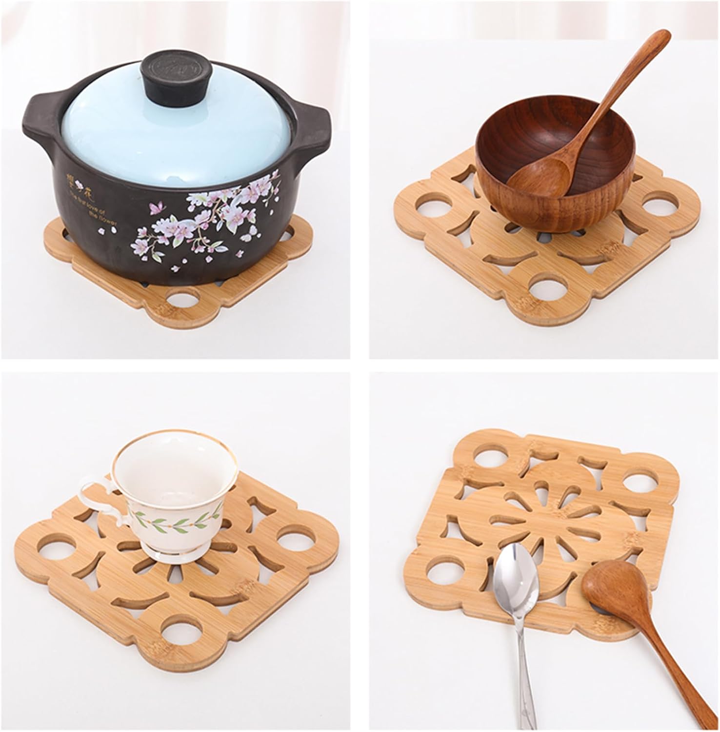 Bamboo Wood Heat Resistant Trivets & Holder, 4 Large 7.4x7.4 Inch Pot Holders for Kitchen Countertops with Storage Rack, 3-Layer Cross Design Hot Pads for Hot Pots and Pans