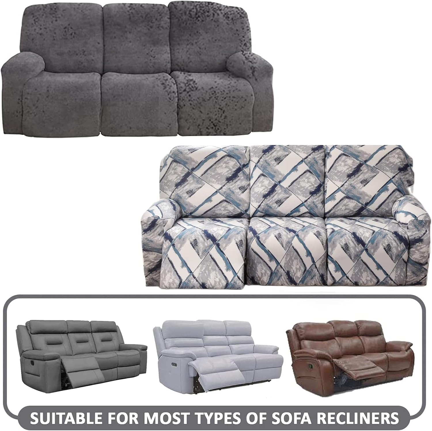 3 Seater Recliner Slipcovers 8-Pieces Stretch Printed Sofa Cover Lazy Boy Chair Covers Recliner Chair Cover Non Slip Reclining Slipcovers with Elastic Bottom for Pet or Kids,01