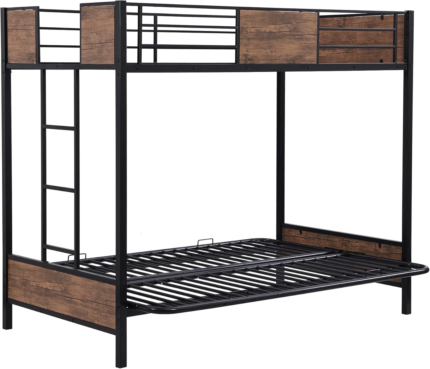 Twin-Over-Futon Bunk Bed, Metal Futon Bunk Bed Frame with Guardrails and Ladder(Black)