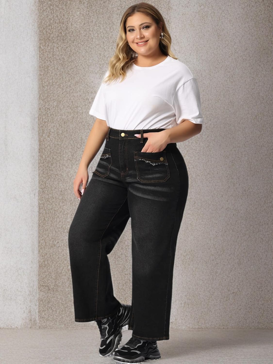 Agnes Orinda Plus Size Jeans for Women Wide Leg Washed Stretch with Pockets Palazzo Denim Jeans - Image 6