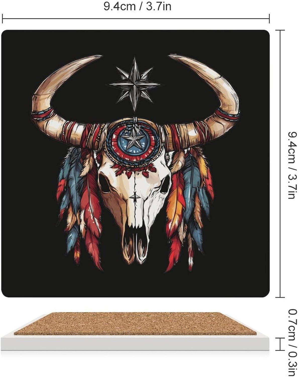 Cow Skull Coasters for Drinks Square Table Coasters Set Cup Mats with Cork Base