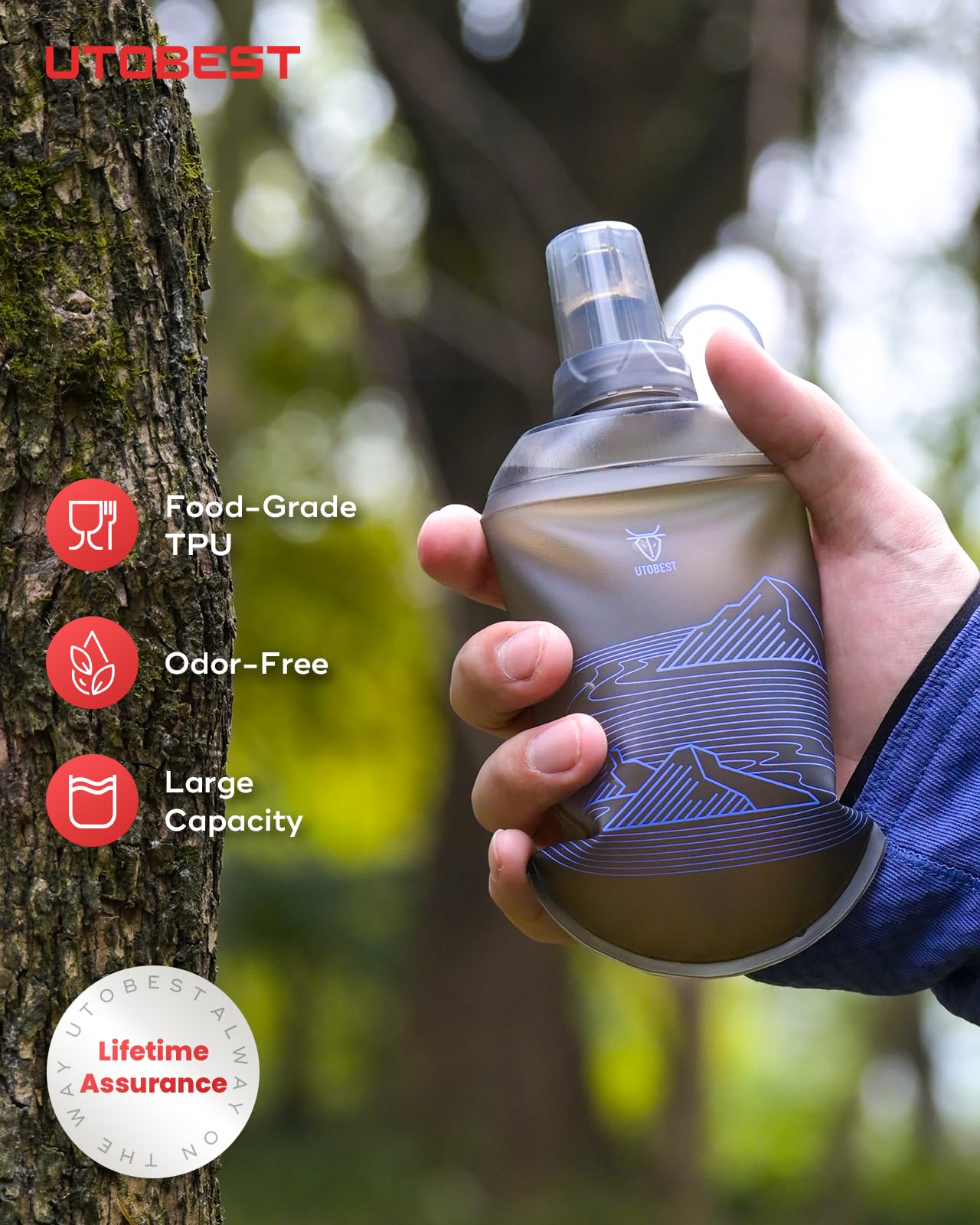 UTOBEST 200ml Soft Flask, 1 Pack Flexible TPU Hydration Water Bottle, Collapsible with 28mm Caliber for Running, Hiking, Cycling, Climbing, and Marathon Purple