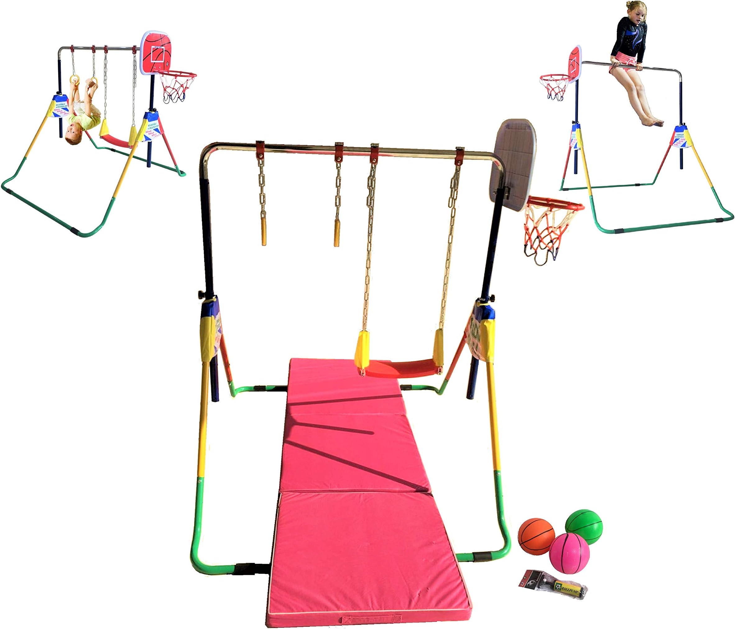 Children Monkey Bar Gymnastics Athletic Expandable Kip Balance Bars Junior Training Play Gym Green with Swing, 2 Hanging Rings and Basketball Hoop and 6" Gymnastics Mat