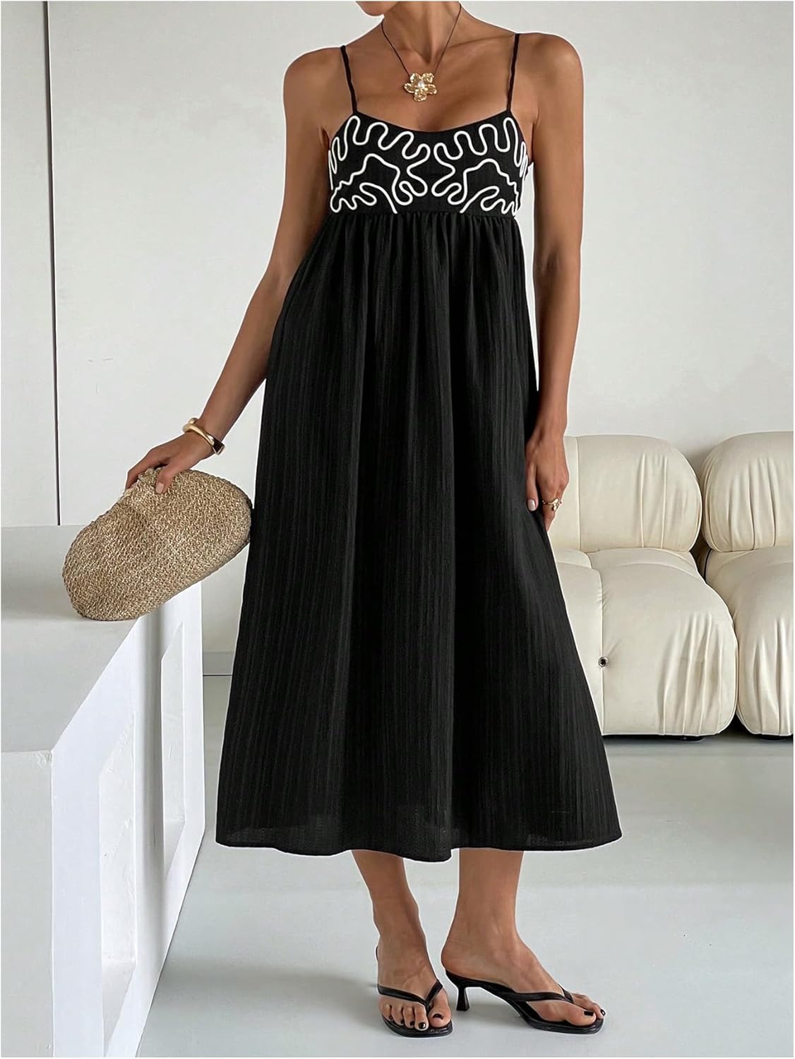 MakeMeChic Women's Scoop Neck Cami Dress Spaghetti Strap Shirred Flowy Summer Midi Dress Sundress - Image 4