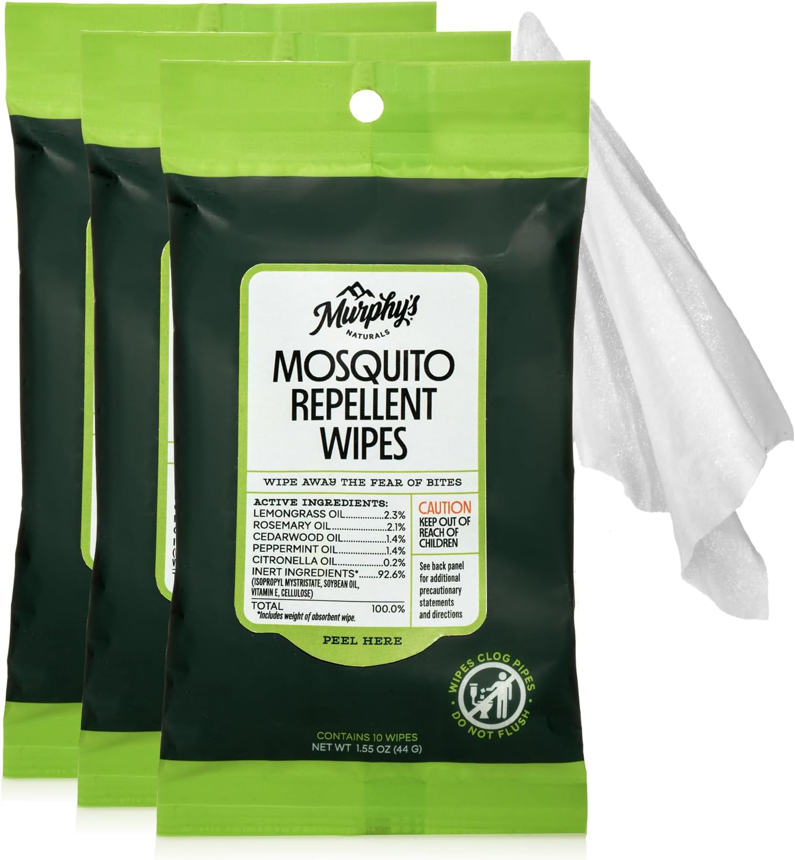 Mosquito Repellent Wipes, Improved Resealable Pack, Plant-Based Lemongrass & Rosemary, 10 Wipes, 3-Pack