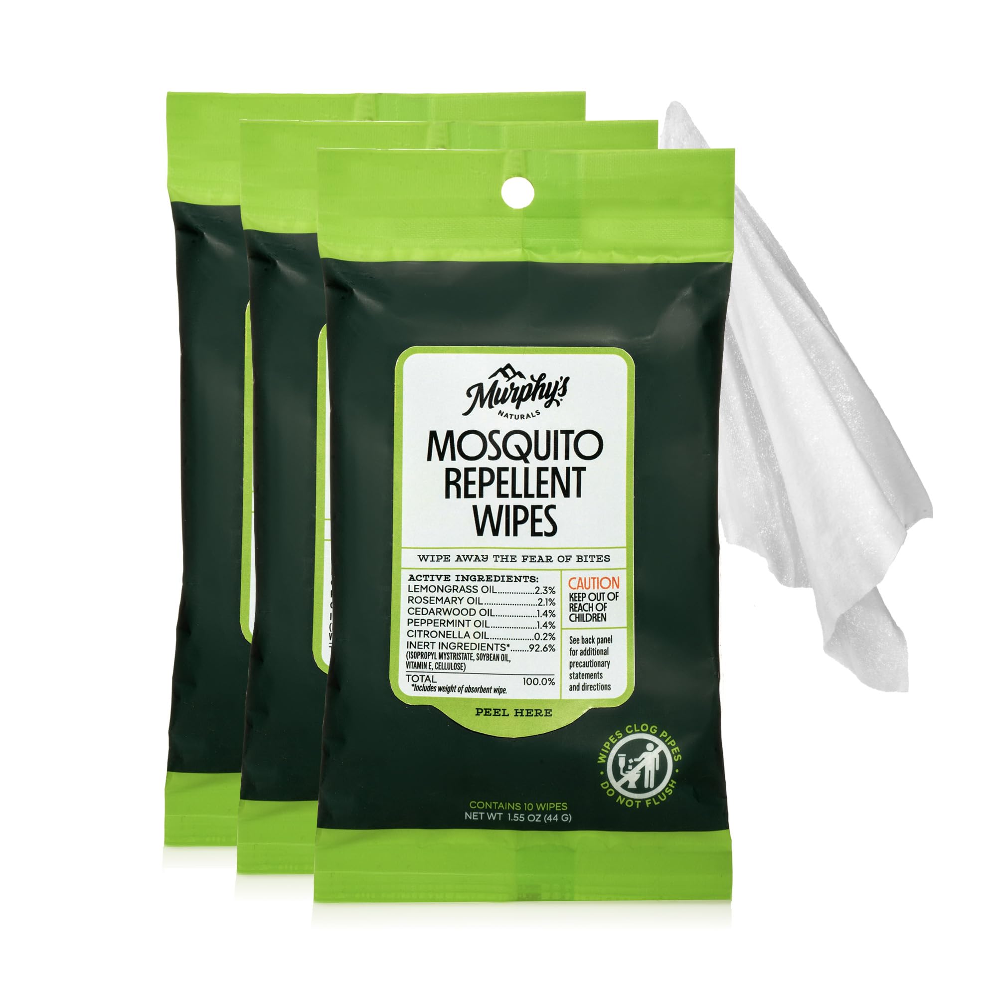 Murphy's Naturals Mosquito Repellent Wipes, Plant-Based with Lemongrass & Rosemary Oil, Fast-Absorbing & Travel-Friendly, DEET-Free, 10 Wipes, 3-Pack