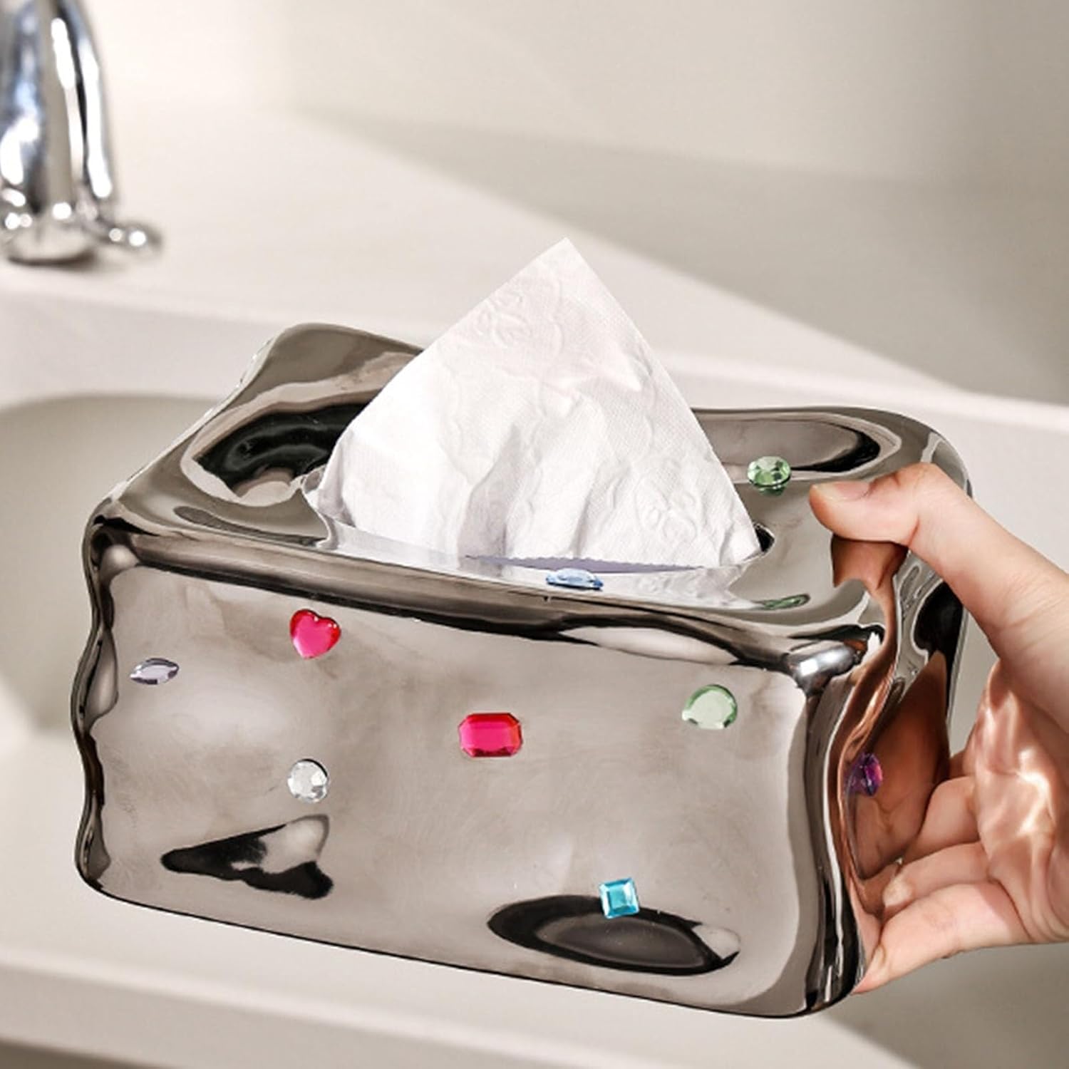 Tissue Box Holders Ceramic Tissue Box Case Holder Decorative Elegant Facial Napkin Dispenser for Room Fun Bathroom Decor(Silver)