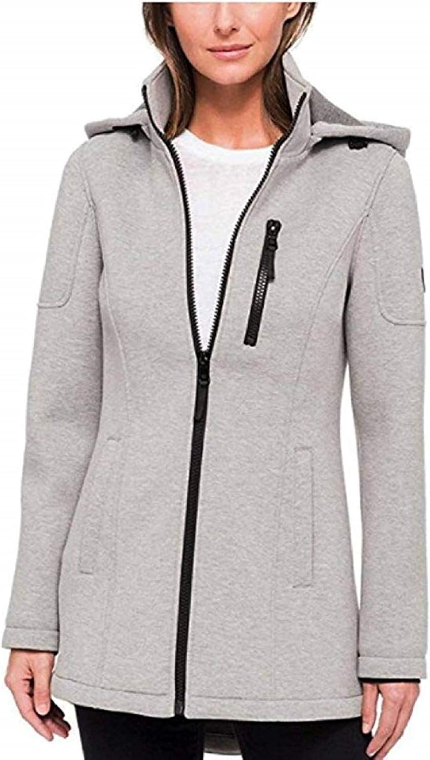Andrew Marc Ladies' Removable Hood Breast Pocket Scuba Jacket (Medium,LT Grey/Cha)