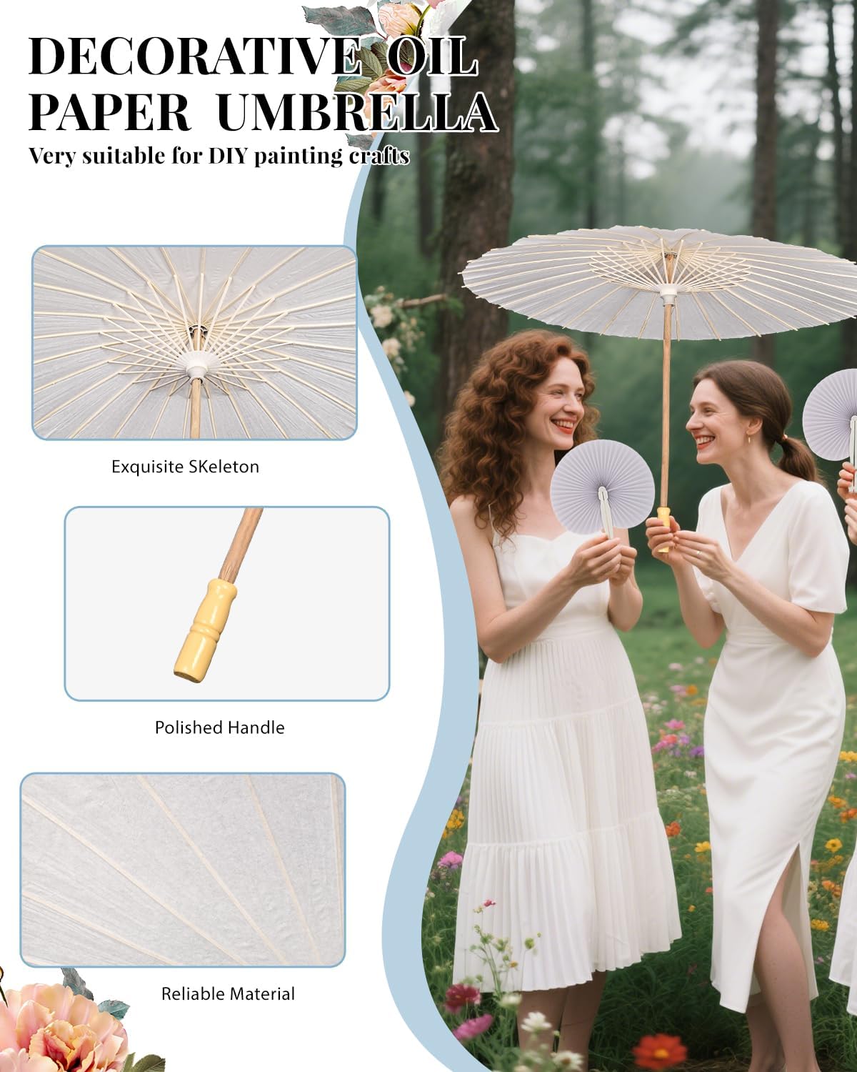 33 Inch White Paper Umbrella with Folding Heart Fan – Chinese Japanese Style Parasol for DIY Painting, Wedding, Bridal Shower, Photography, Party Decoration