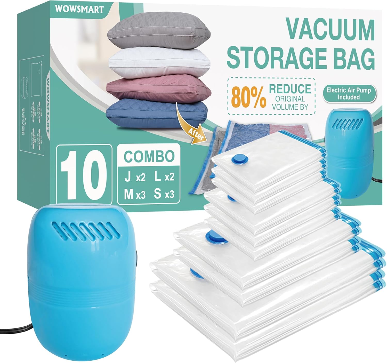 10 Vacuum Storage Bags with Electric Pump, Vacuum Sealed