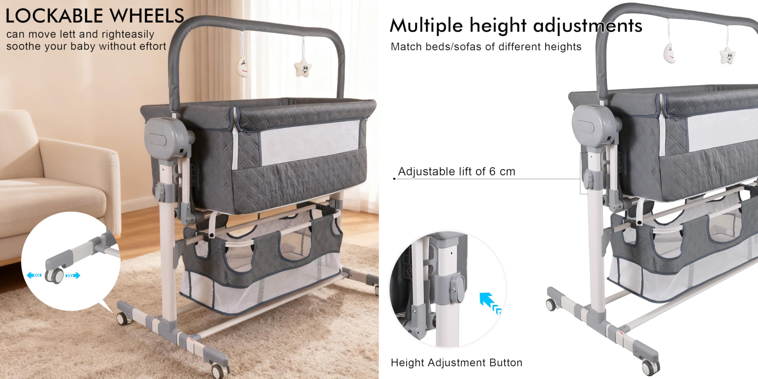 Nine point nine Elettrico Bluetooth Intelligente Culla Next to Me, Culla Neonato Fianco Letto, Convertibile Co-sleeping per Bambini Pieghevole con Musica 5 Ingranaggi Ondeggianti (608 Black)