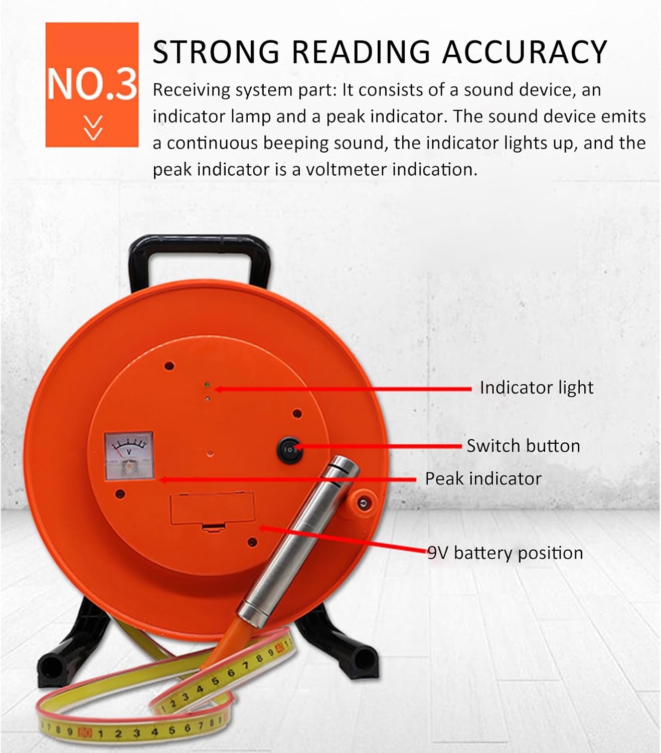 Portable Deep Well Water Level Meter, Well Water Depth Gauge with Stainless Steel Probe, Indicator Light, Peak Display, Electronic Well Water Level Indicator for Measuring Water Level(10m)