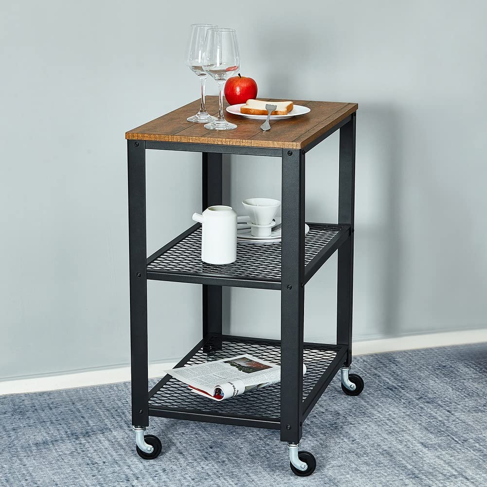 Meerveil Carrello industriale cucina con rack di stoccaggio a 3 piani, vintage con ruote, ripiano in legno e telaio in metallo