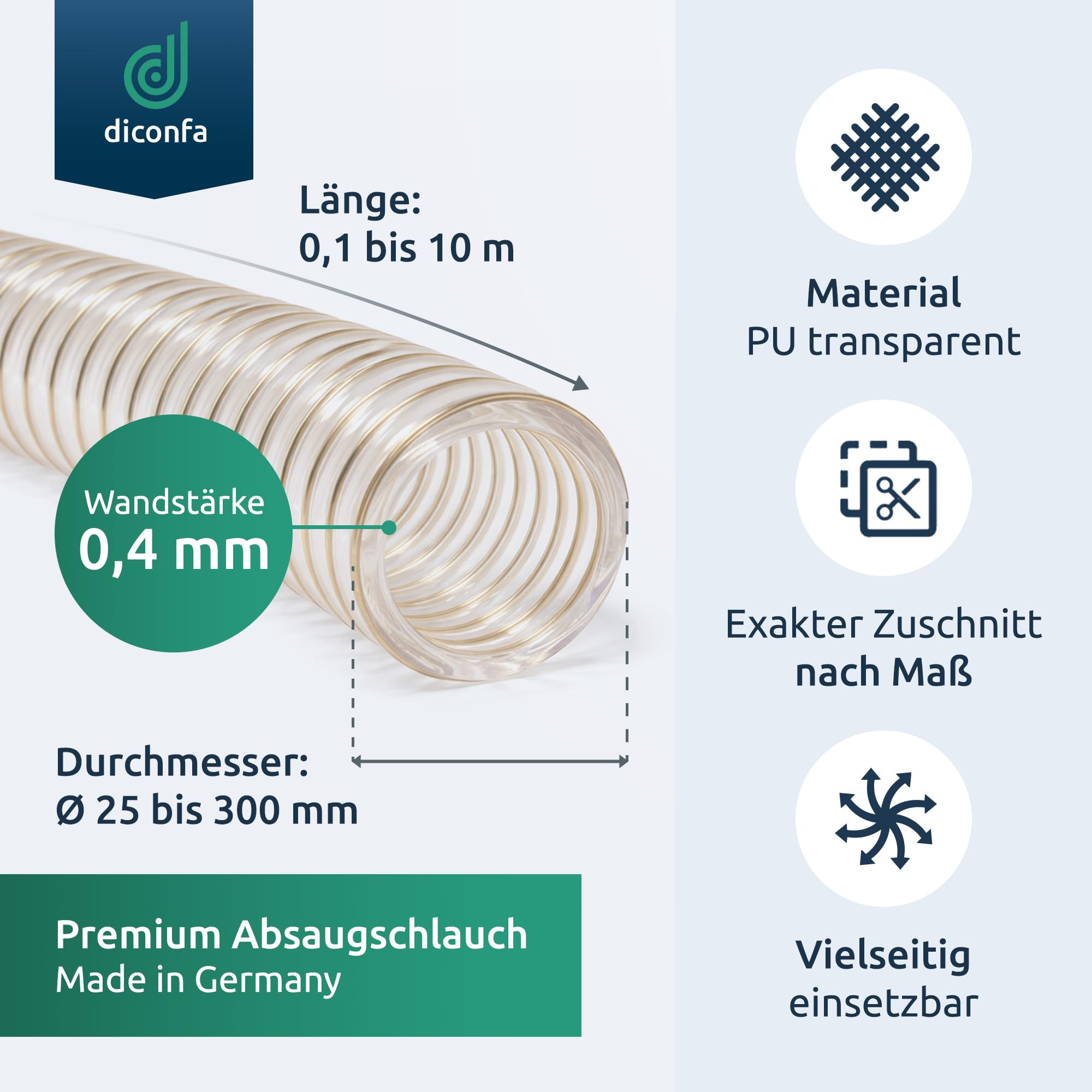 diconfa PU Absaugschlauch transparent 0,4mm - WÄHLEN - Länge: 0,1 bis 10m + Durchmesser 25 bis 300mm - Innendurchmesser 100mm, 2,5m lang - Schlauch nach Maß für Absauganlage Staub Luft Späne