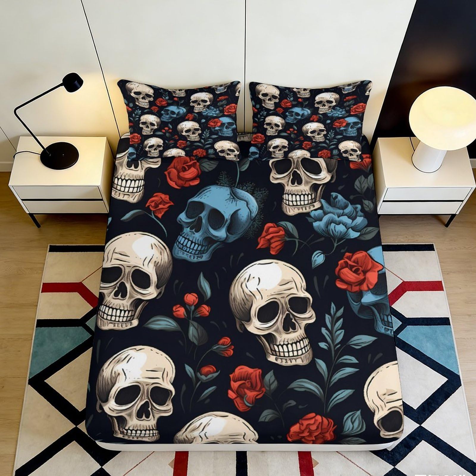 3D Printed Skull Rose Fitted Sheet Microfiber Elastic Hem Deep Pocket Skull Pattern Mattress Fitted Cover Bedroom 200x200x25cm