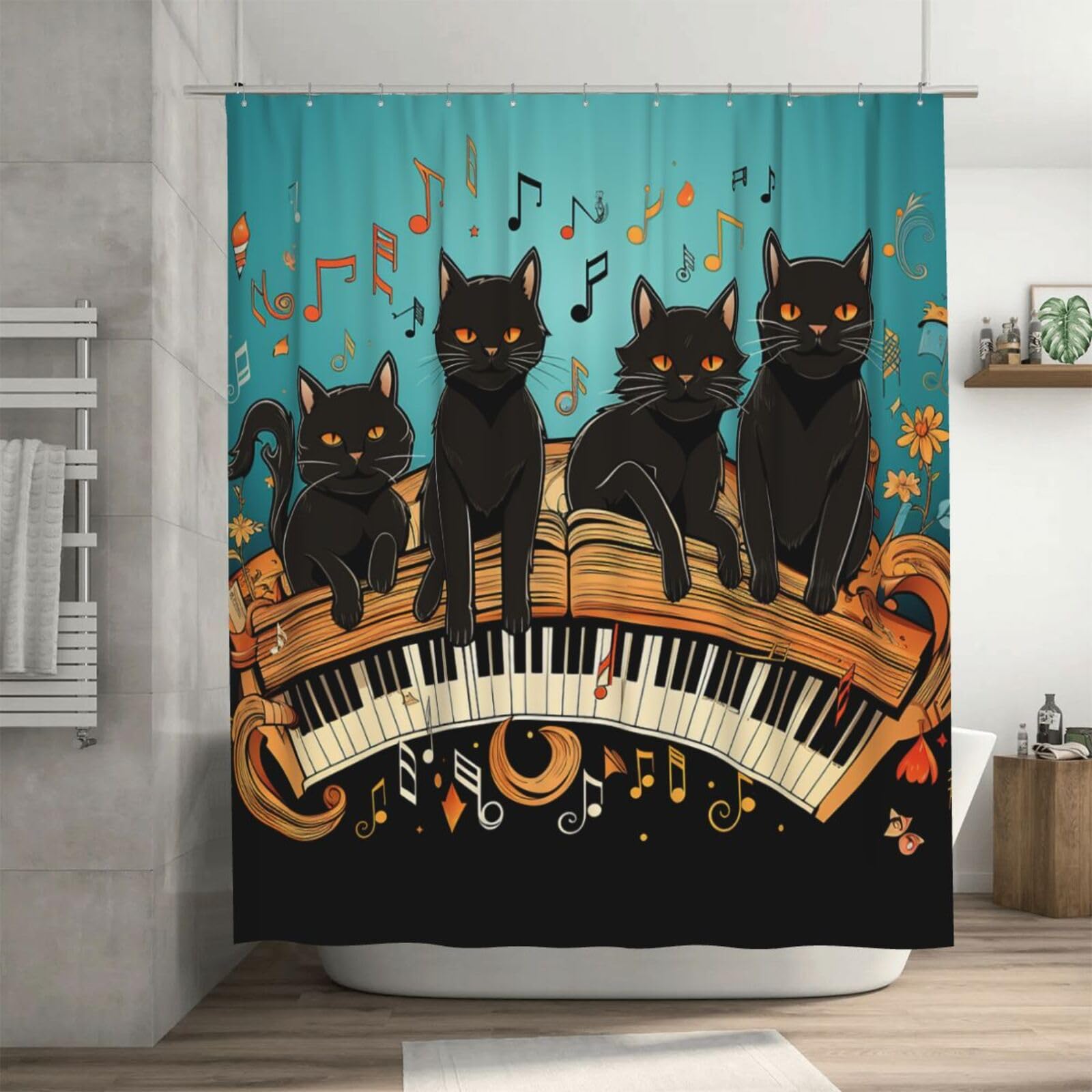 Rideau de douche épais anti-moisissure 182 cm motif chat piano pour sol toujours sec
