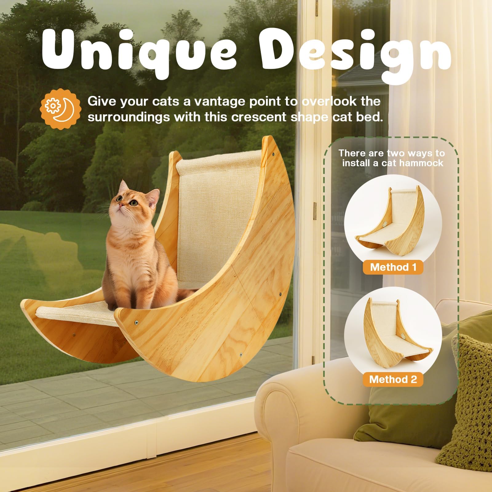 Amaca per gatti in legno, grande finestra per gatti con 4 ventose aggiornate, amaca per gatti in legno massiccio con design a forma di luna, sedile per animali domestici per gatti da