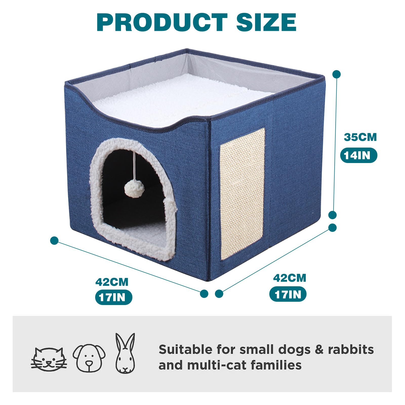 PETCUTE Cuccia Pieghevole per Gatti,Cuccia Gatto Chiusa Interno con Pannello Tiragraffi e Pallina,Casetta per Gatti con Cuscino Rimovibile e Lavabile,Cuccia per Gatti e Cani di Piccola Taglia