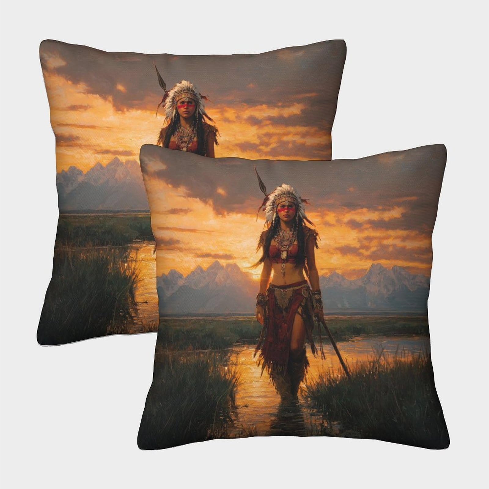 kaiyun 2 Pack Throw Pillowcase 45x45cmBeautiful Native American Woman, Holding A Harpoon Pattern Cushion Cover Home Decoration