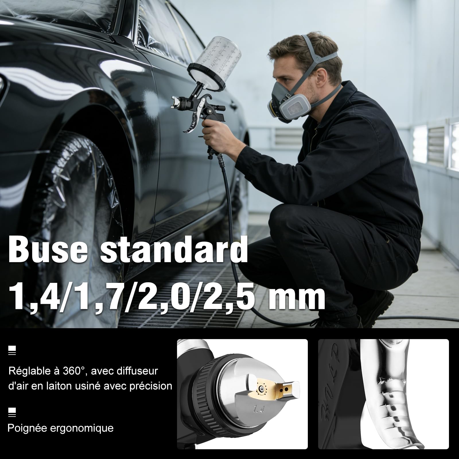 HVLP Professionnel Pistolet à Peinture avec 10 gobelets jetables de 650 ML, Pistolet Peinture Air Comprimé 3 Buses 1,4/1,7/2,0/2.5mm et Accessoires, HVLP Meubles Voiture de réparation