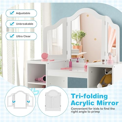 Miniatura 5 de HONEY JOY Mesa de tocador rosa para niños, tocador de princesa con espejo triple plegable, estantes de almacenamiento abiertos, juego de mesa y