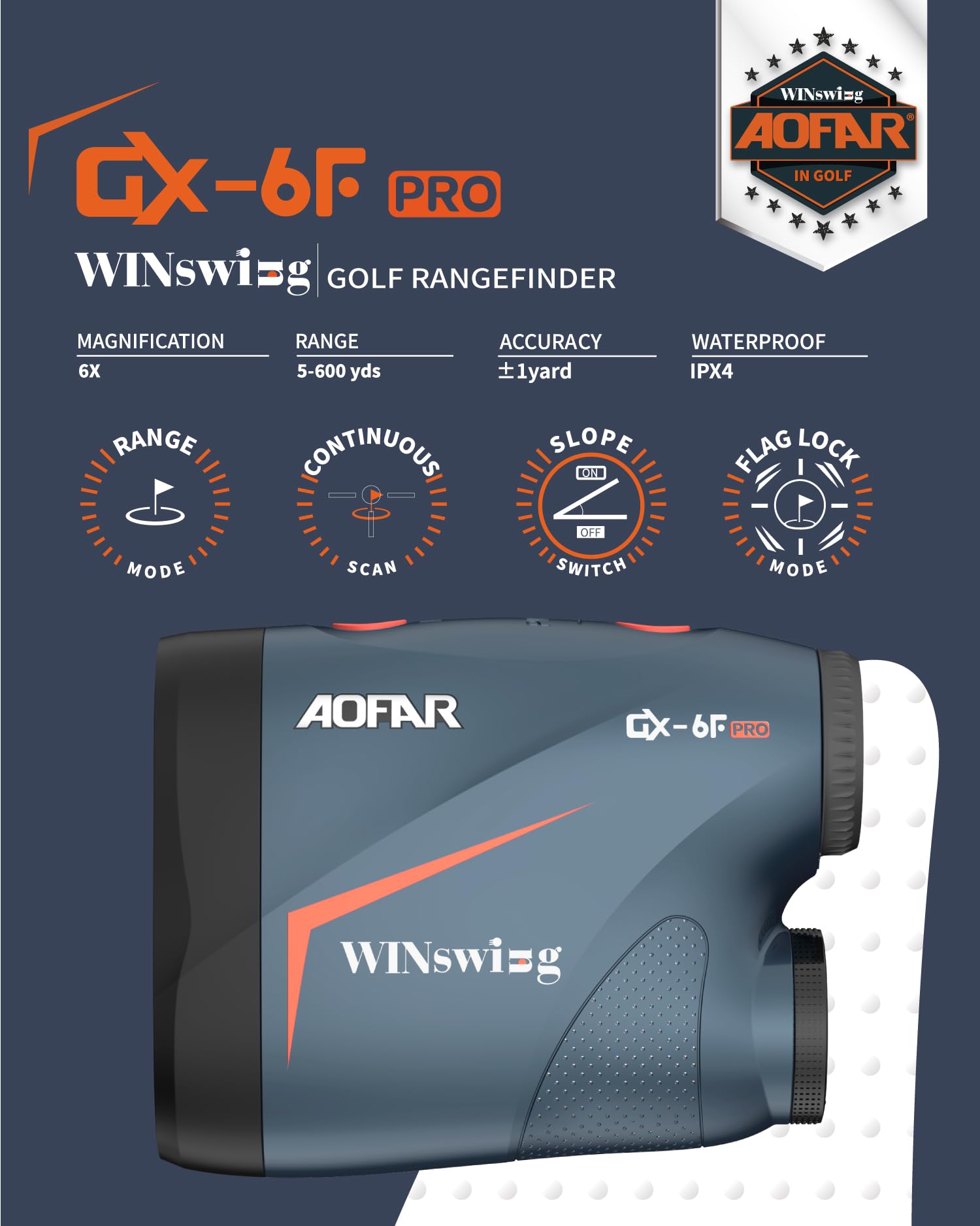 AOFAR GX-6F PRO Telemetro golf con Pendenza, 600Y, Telemetro a Scansione Continua, Blocco Bandiera Con Vibrazione Pulsata Per Le Competizioni, Lettura Di 0,2 Secondi, Versione Aggiornata