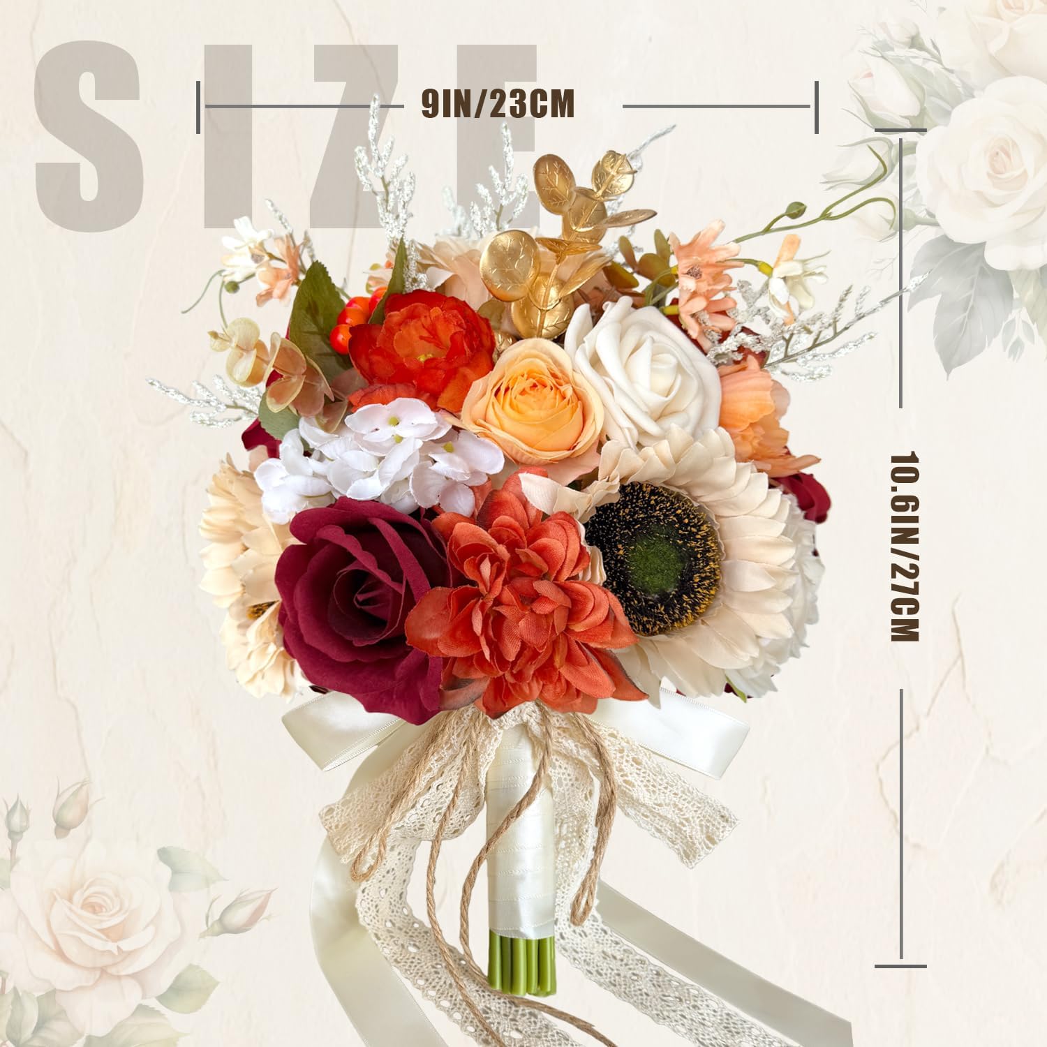 9 Inch Sunflower Wedding Bouquets for Bride Bridesmaid, Burgundy Red Roses Burnt Orange Artificial Flowers Bridal Bouquet Vintage Fall Winter Boho Rustic Wedding Decoration Toss Bouquet Prom