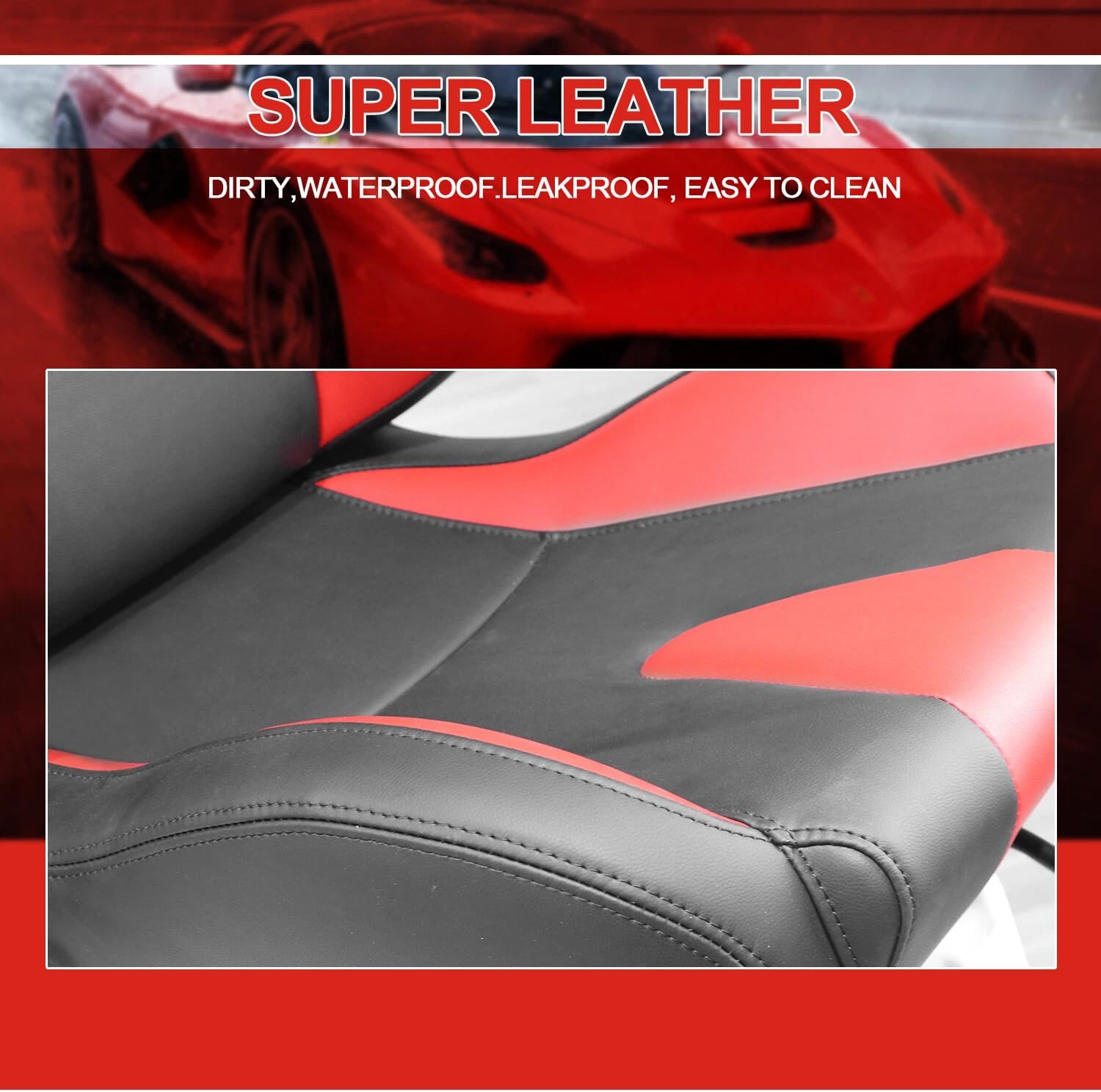 Racing Sports Seats, 2PCS Universal PVC Leather with Mesh Fabric Reclinable Racing Bucket Seats with Dual Sliders, Black with Red Stitching