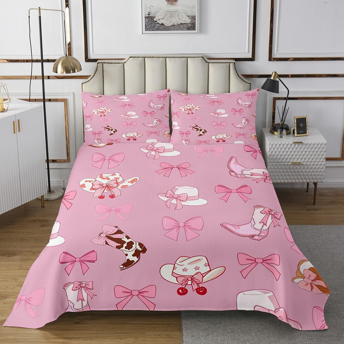 Castle Fairy Cowgirl Bowknot Bedspread for Kids Boys,Princess Kawaii Pink Bow Tie Coverlet Set Bedroom Decor Soft Quilted,Western Cowboy Boots Hat Print Quilt Set with 1 Pillow Sham, Twin Size