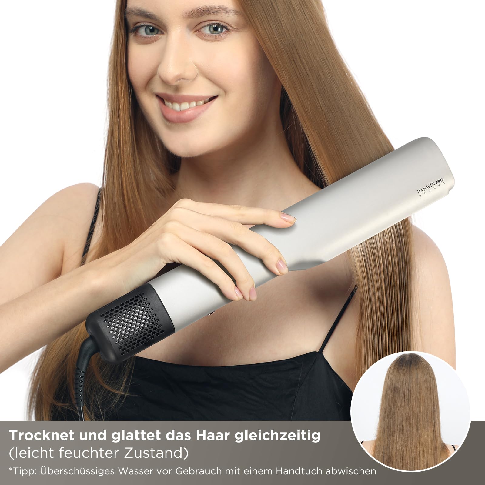 Plancha de aire, plancha de aire iónico PARWIN PRO BEAUTY, mojado en seco, sin placas calefactoras, sin daños térmicos, alisador de aire, para cabello largo y cabello largo (35-75cm)