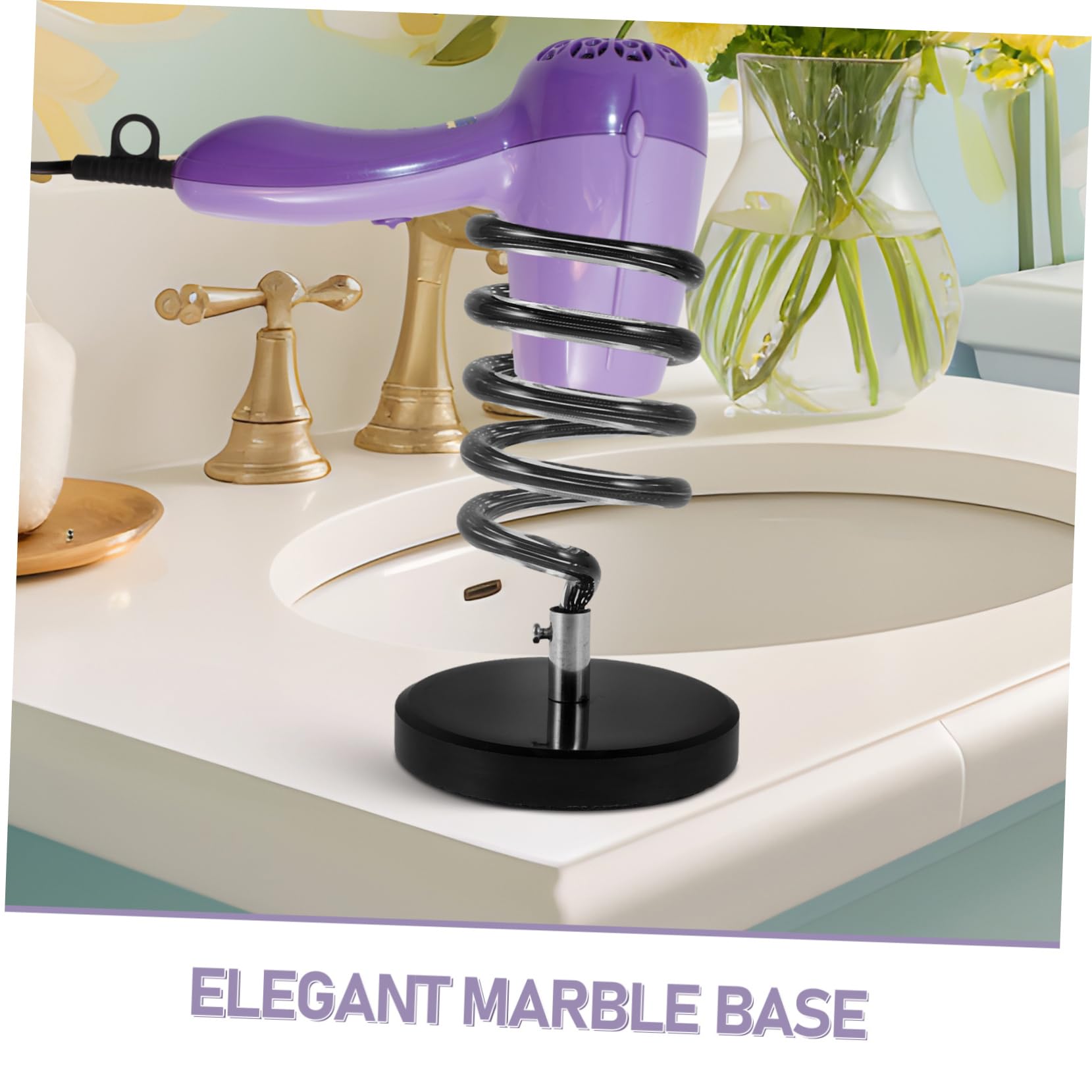 Soporte Diseño Negro Pelo Base con para Secador de Mármol Espiral Organización del Cable, y Adecuado para Encimera de Baño y Salón
