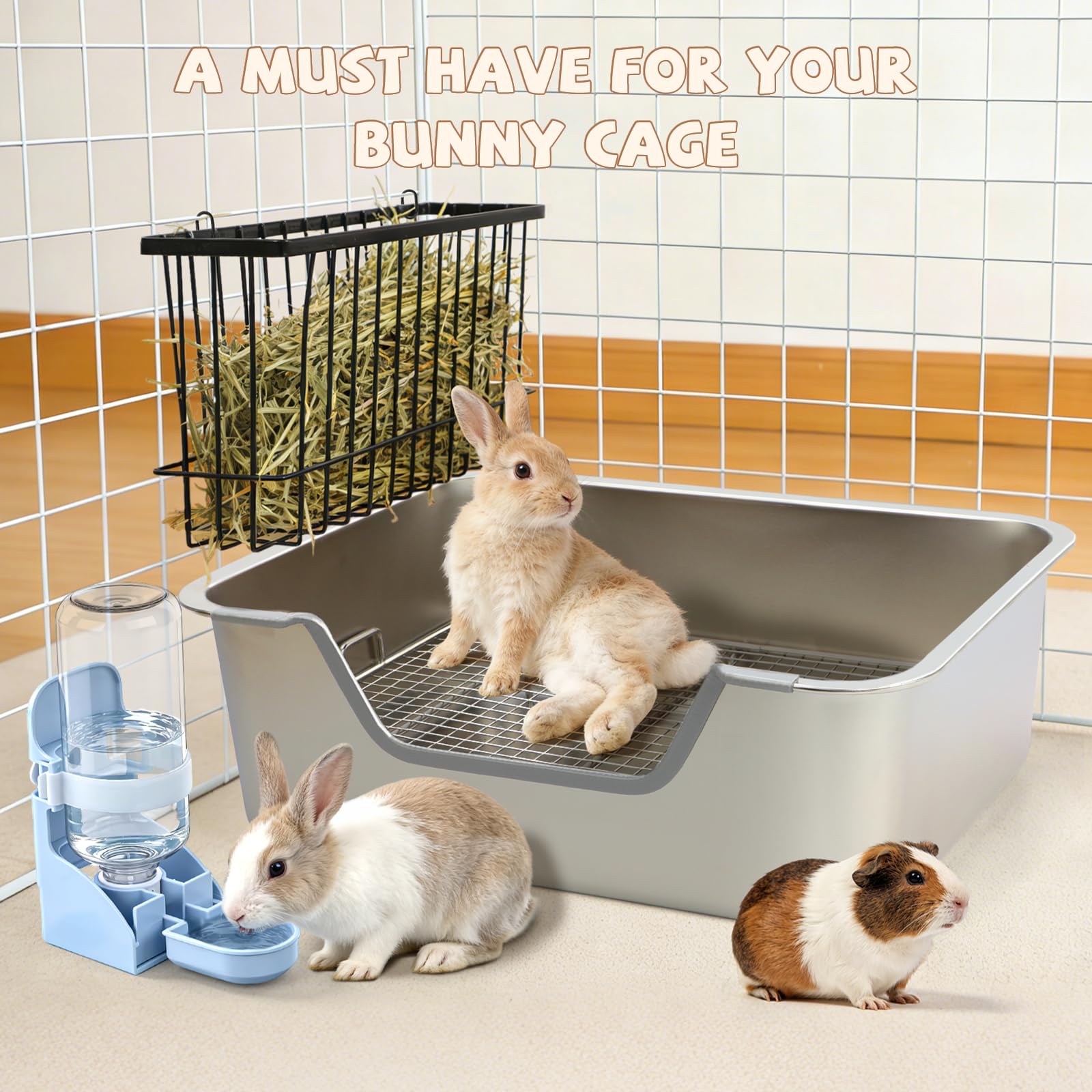 BWOGUE Large Rabbit Litter Box with Raised Grid, Stainless Steel Bunny Litter Pan with Hay Feeder & Water Dispenser, Metal Rabbit Potty Box for Guinea Pigs, Small Animals, Mess-Proof, Easy to Clean - 4