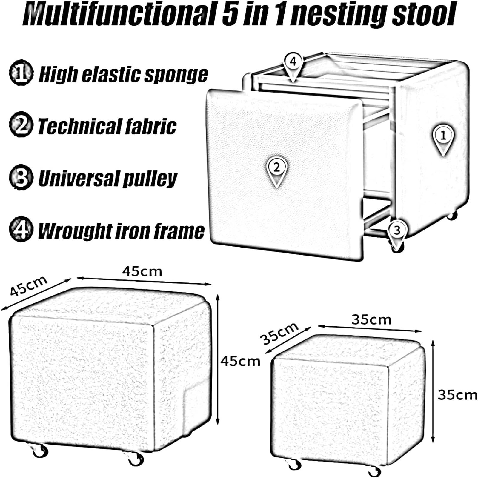 Pouf 5 in 1 con ruote, rivestimento e metallo, 35 x 35 x 35 cm, sgabello cubo versatile per divano, soggiorno e posti a sedere extra