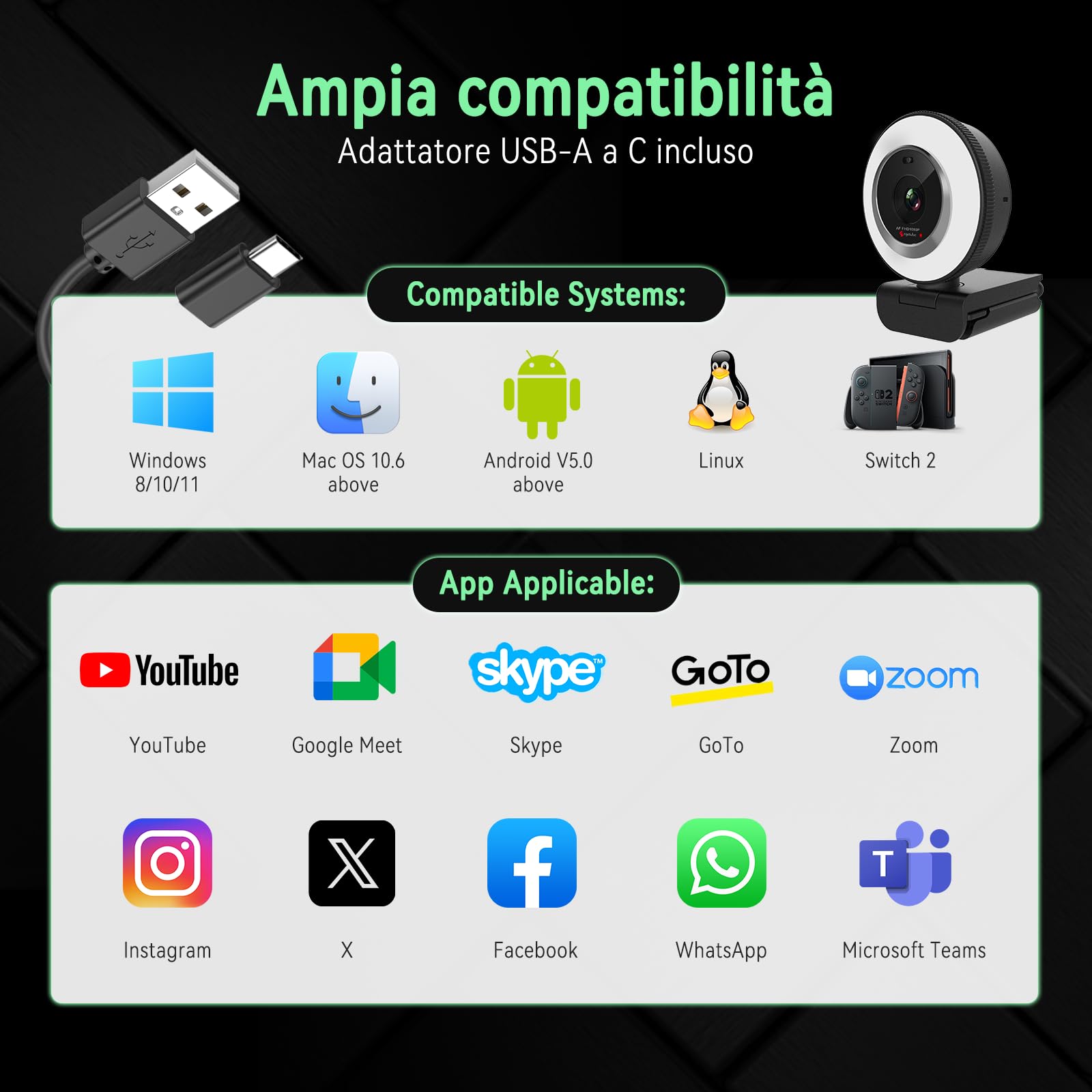 Angetube Webcam per PC, fotocamera USB 1080P/30fps con luce ad anello, Copertura Privacy, Autofocus, Microfono, Plug & Play Web Cam Per Zoom/Teams/YouTube, Laptop & Desktop