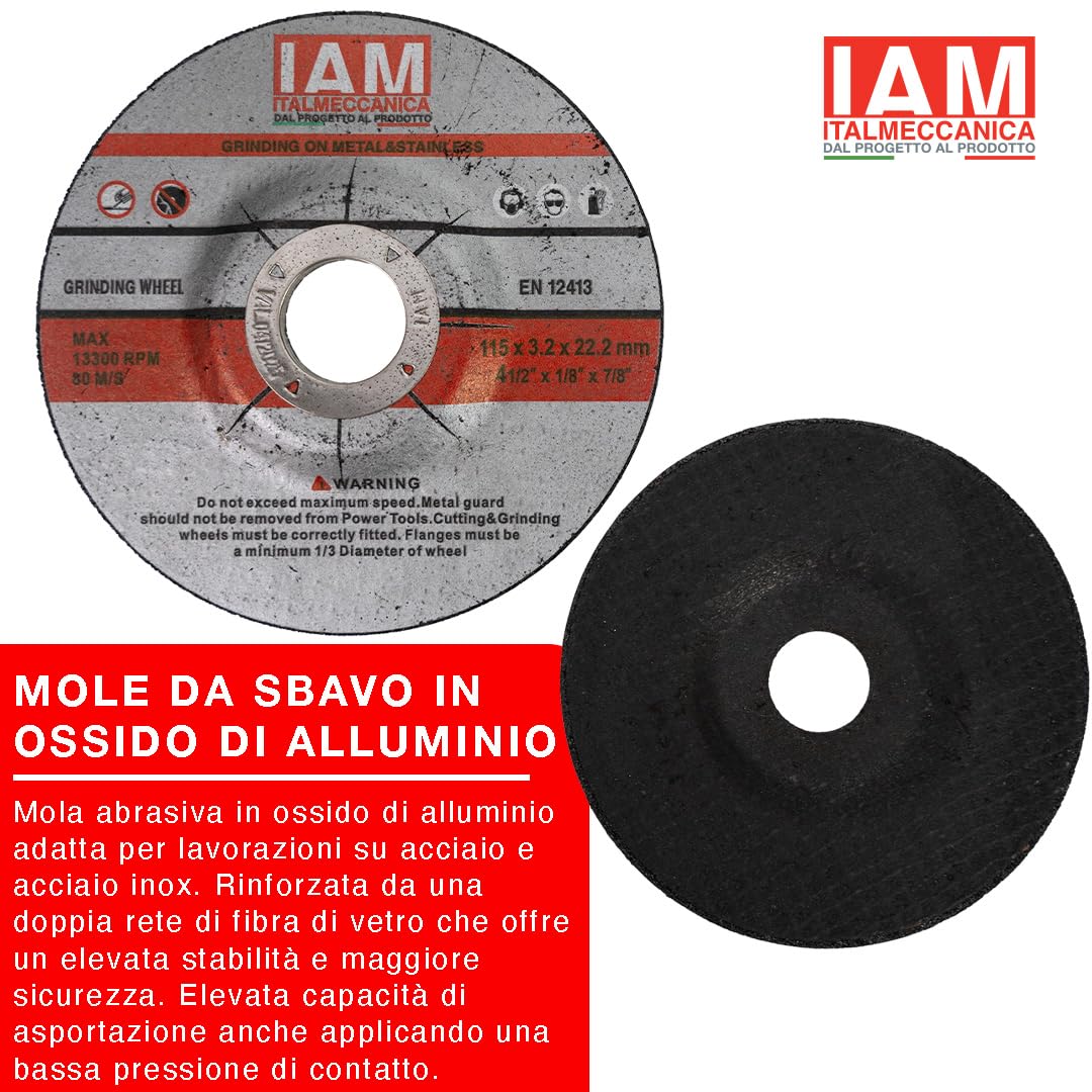 IAM Mola da Sbavo per Smerigliatrice Disco Abrasivo per Levigatura Metallo e Acciaio | Ossido di Alluminio con Rinforzo in Fibra di Vetro Alta Asportazione per Sbavatura e Saldature 115x3,2x22 | 50Pz
