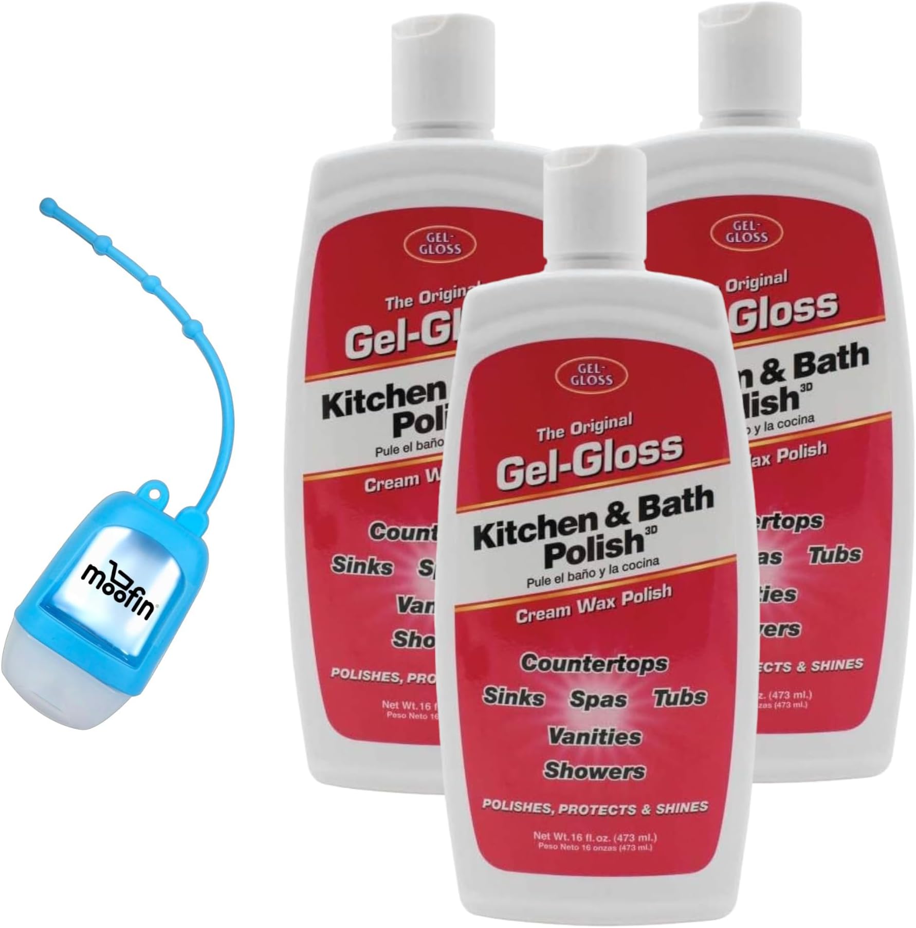 Gel-Gloss Kitchen Bath Polish, Bathroom Cleaner, 16 Fl Oz Bundle with Hand Sanitizer Dispenser, Kitchen Cleaner, Carnauba Wax Polish for High Shine on Fiberglass, Marble, Pack of 3