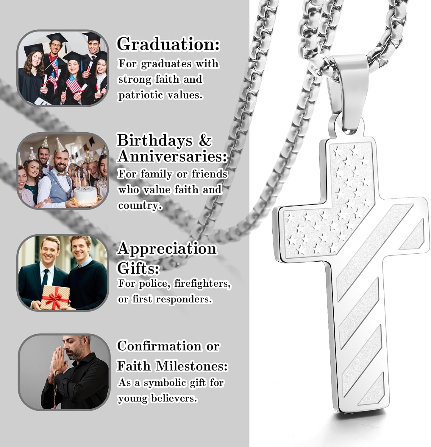 18+2 Inch Stainless Steel Cross Necklace Black American Flag Pendant – Bible Verse Christian Religious Necklaces Jewelry - Birthday Baptism Valentine Military Gift for Teens Grandson Son - Image 2