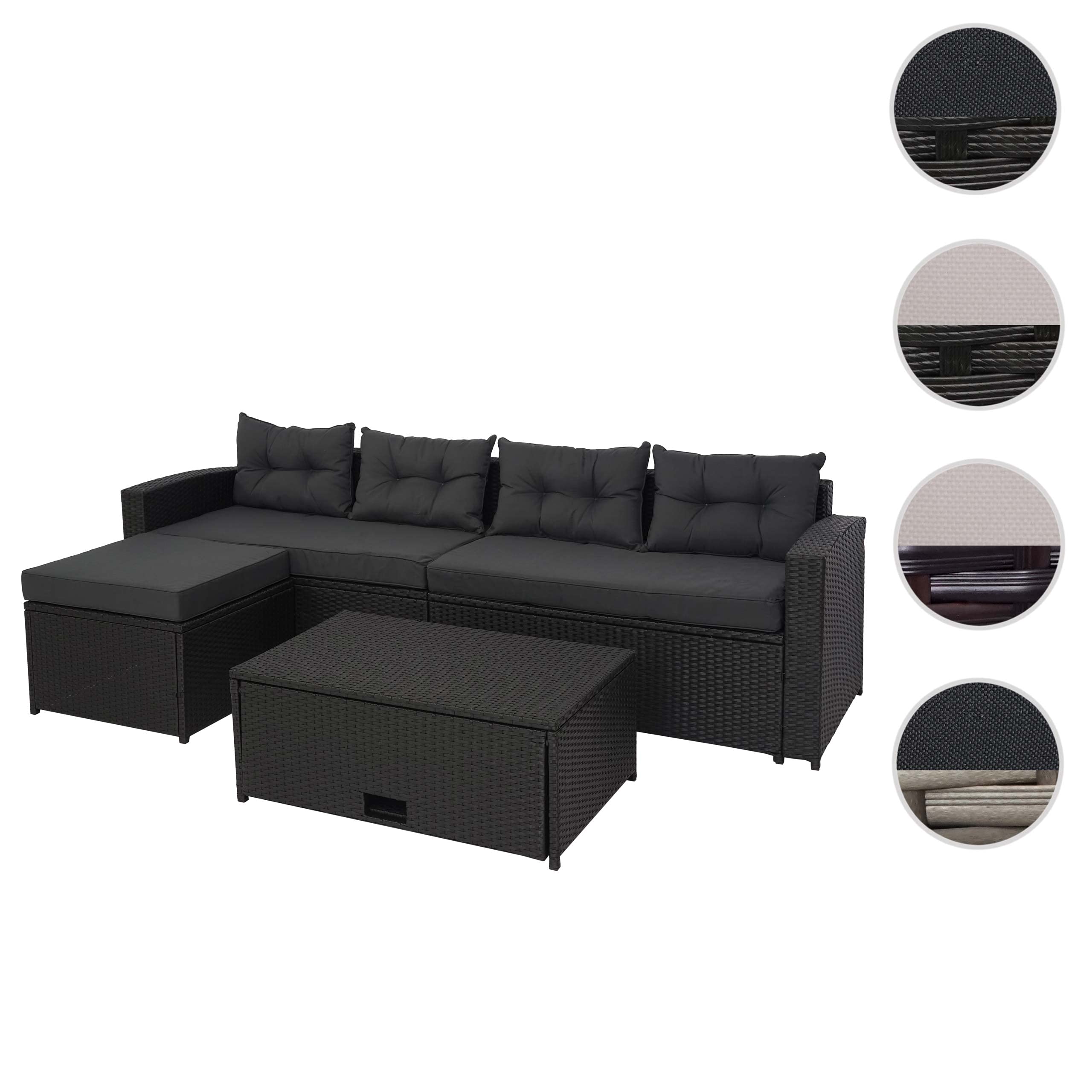 Mendler Zestaw polirattanowy HWC-J34, zestaw balkonowy/ogród/lounge zestaw mebli do siedzenia sofa, schowek – czarny, poduszka ciemnoszara