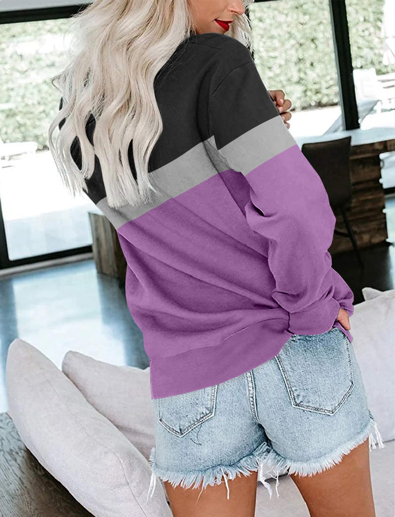 TICTICMIMI Damskie casualowe bluzy z długim rękawem kolorowe bloki/jednolite topy bluzy z okrągłym dekoltem uroczy luźny krój sweter z kieszeniami